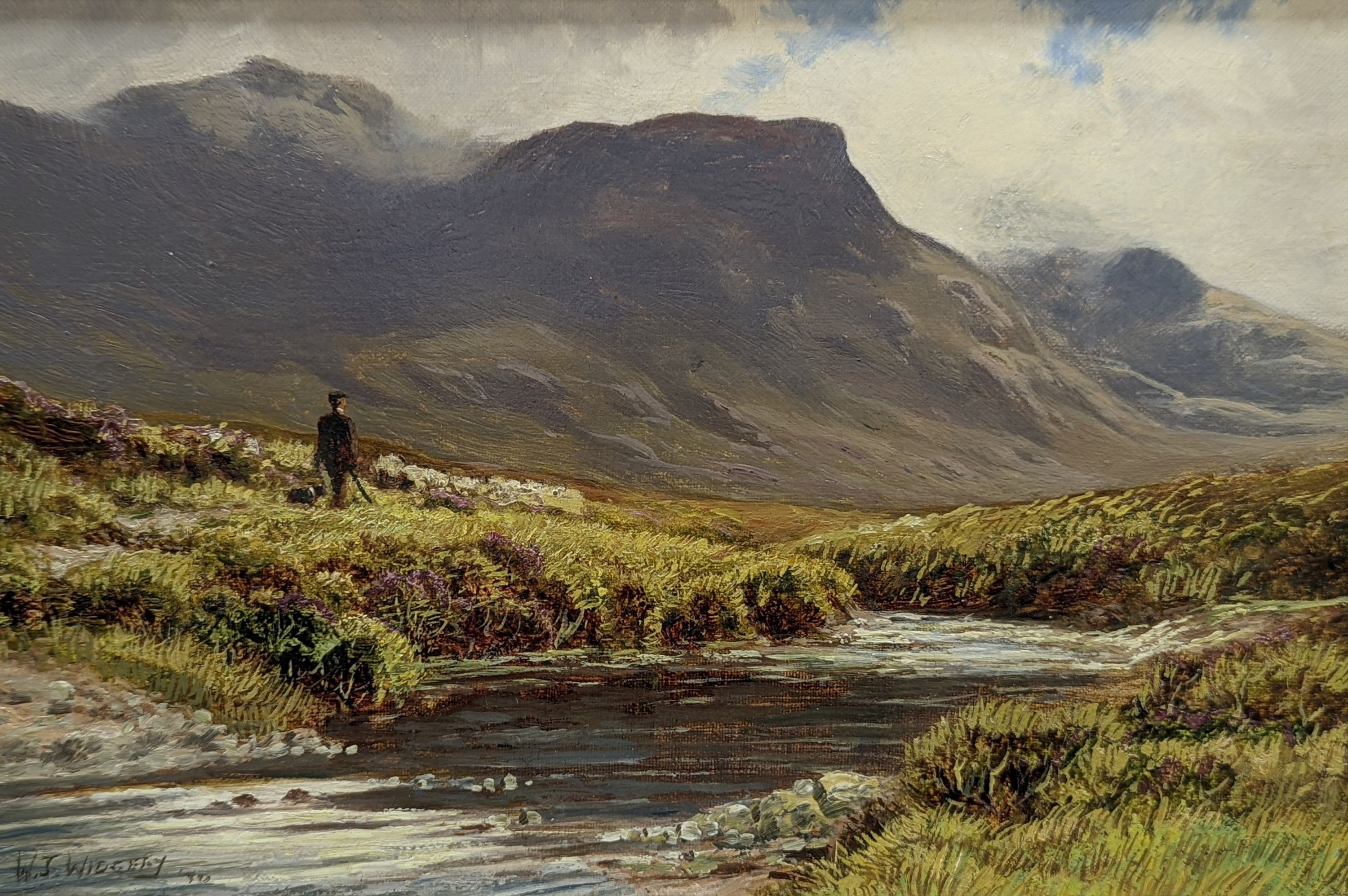 William J. Widgery (1822-1893), oil on canvas, Shepherd and flock in a Highland landscape, signed, 20 x 30cm